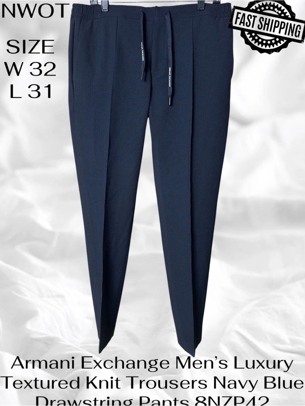 Armani Exchange Mens 32 Textured Knit Trousers Navy Blue Drawstring Pants 8NZP42